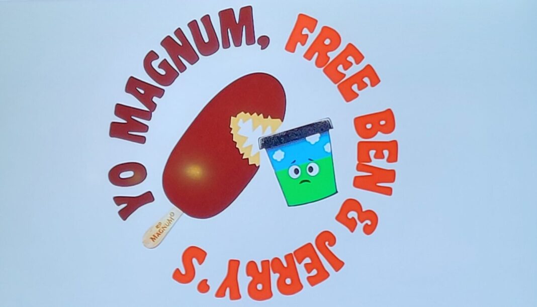 “Yo Magnum, Free Ben & Jerry’s” yazısıyla çevrelenmiş, ısırılmış bir çubuk dondurma ve yüzü çizilmiş bir dondurma kabından oluşan kampanya logosu