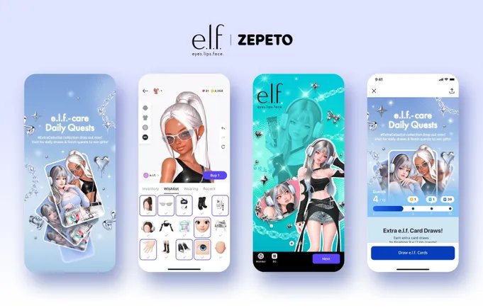 e.l.f. ve ZEPETO logoları altında, dijital makyajlı avatarların yer aldığı dört akıllı telefon ekranı