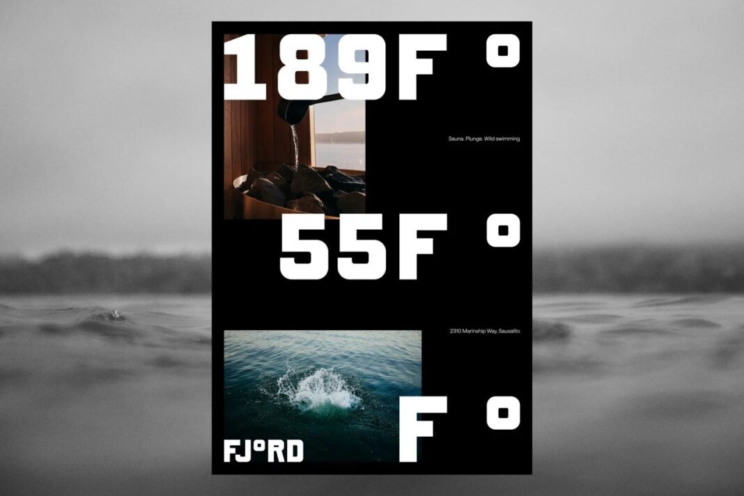 Fjord sauna için hazırlanan siyah poster: büyük harflerle 189F° ve 55F° sıcaklıkları, sauna ve deniz fotoğrafları ile FJ°RD logosu