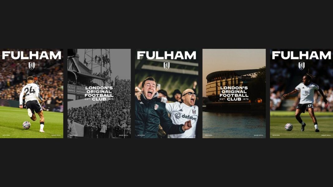 Fulham FC’nin yeni kimliğiyle hazırlanmış FULHAM yazılı futbolcu ve stadyum görsellerinden oluşan seri