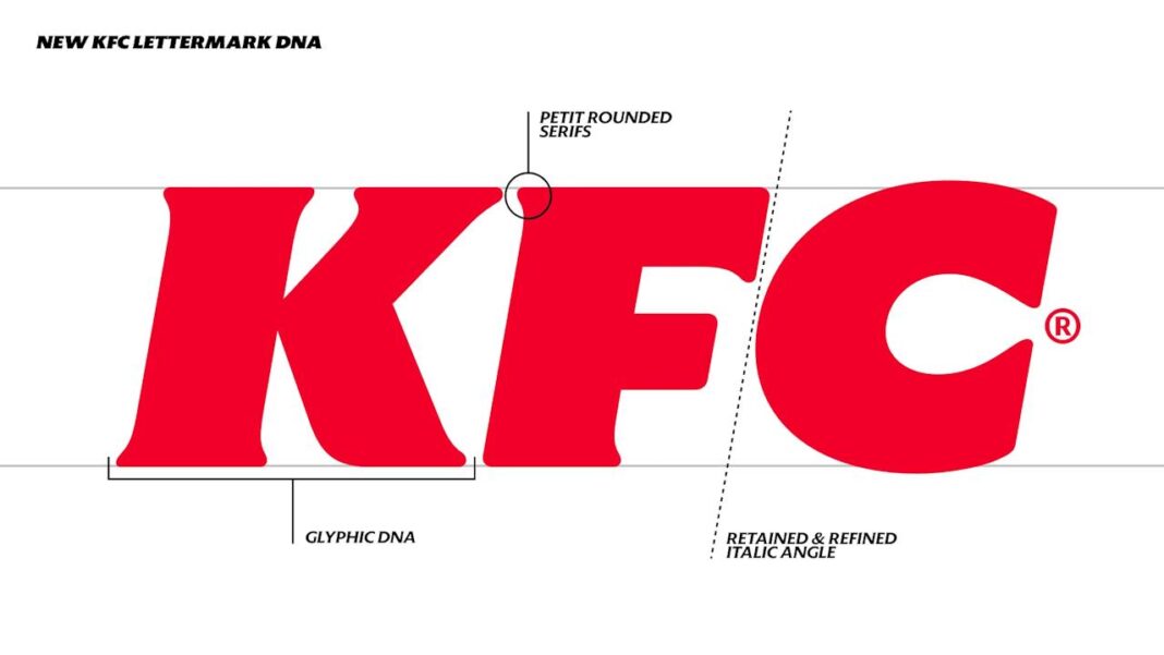 KFC’nin yeni harf logosunun yuvarlatılmış serifler ve italik açıyı gösteren tasarım detayları