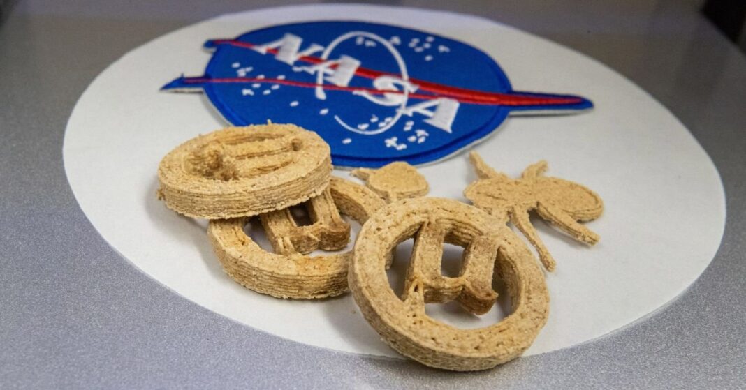 NASA logolu beyaz bir tabağın üzerinde, 3D yazıcıyla üretilmiş farklı biçimlerde kurabiyeler