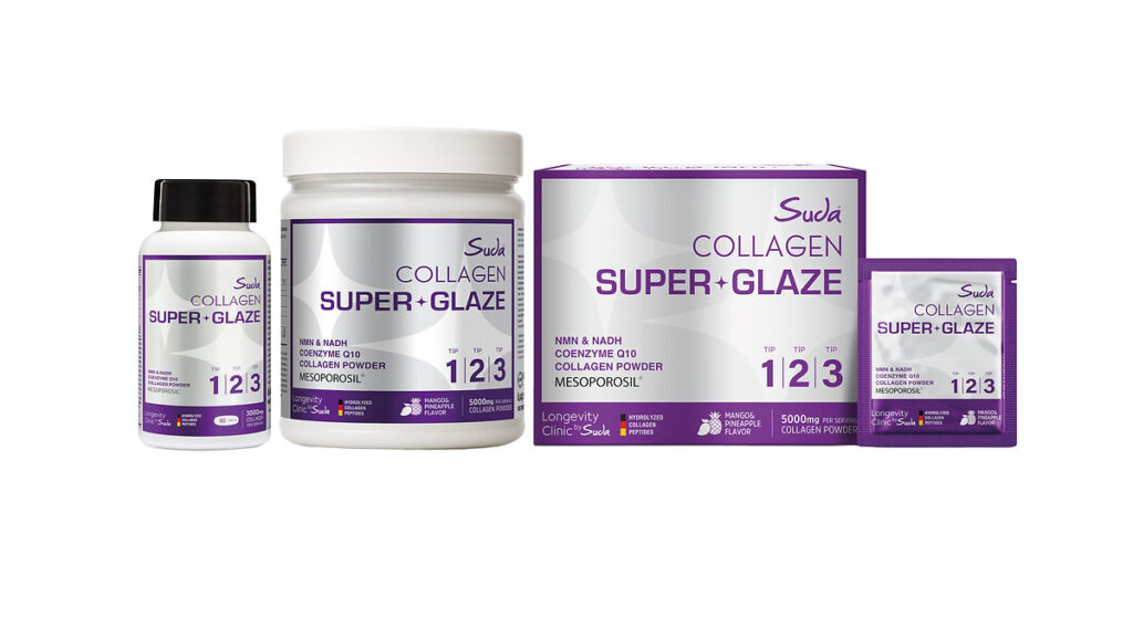 Beyaz zemin üzerinde Suda Collagen Super Glaze serisinin kapsül, toz, kutu ve saşe ambalajları