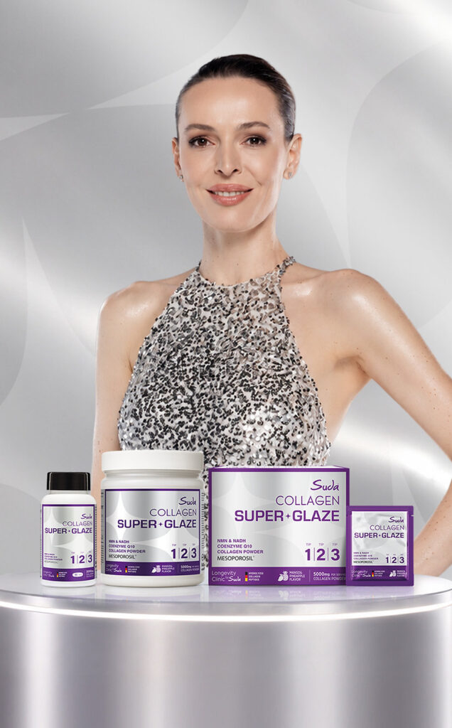 Gümüş payetli elbiseli Eda Erdem, önünde Suda Collagen Super Glaze ürün ambalajları