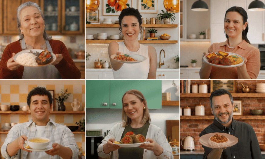 Yudum ve Hasata reklam filminden altı karakterin kendi mutfaklarında hazırladıkları yemek tabaklarıyla poz verdiği kolaj